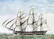 Sailing frigate USS Essex (1799), from port side view, as a stylized illustration of the ship, with cannon ports visible, in configuration at the Galapagos Islands. (The displayed image is based on the historical representation and may not be the actual kit image.), Source originally from de.wikipedia.